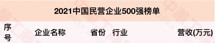 2021中國民營企業(yè)500強榜單 2021中國民營企業(yè)500強榜單