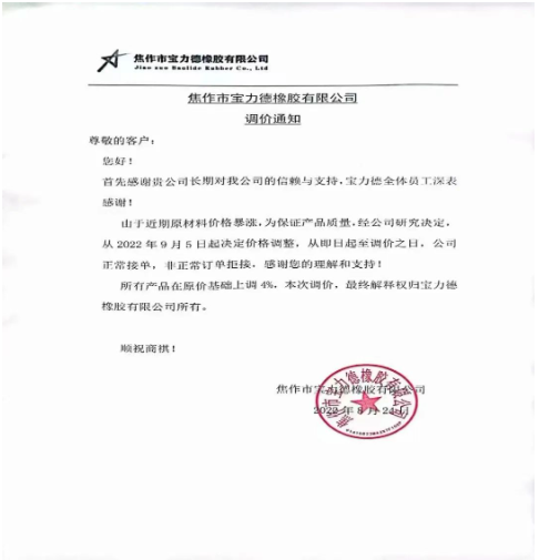 　焦作市寶力德橡膠宣布自9月5日起，所有產(chǎn)品在原價(jià)基礎(chǔ)上上調(diào)4%。