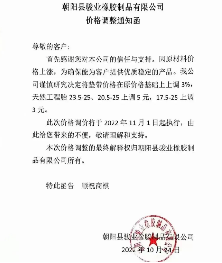 朝陽縣駿業(yè)橡膠制品有限公司表示，11月1日起墊帶產(chǎn)品價格上調3%，天然工程胎23.5-25、20.5-25上調5元，17.5-25上調3元。