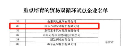 萬達(dá)寶通輪胎公司入選山東省重點培育貿(mào)易雙循環(huán)試點企業(yè) 萬達(dá)寶通輪胎公司入選山東省重點培育貿(mào)易雙循環(huán)試點企業(yè)