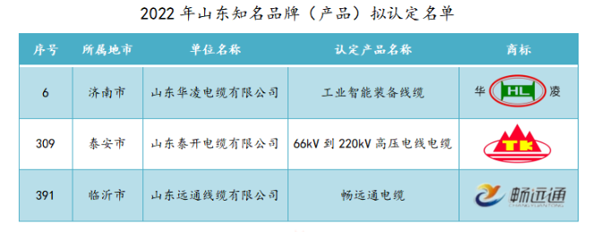 山東華凌電纜、山東泰開電纜、山東遠(yuǎn)通線纜入選2022年山東知名品牌擬認(rèn)定名單