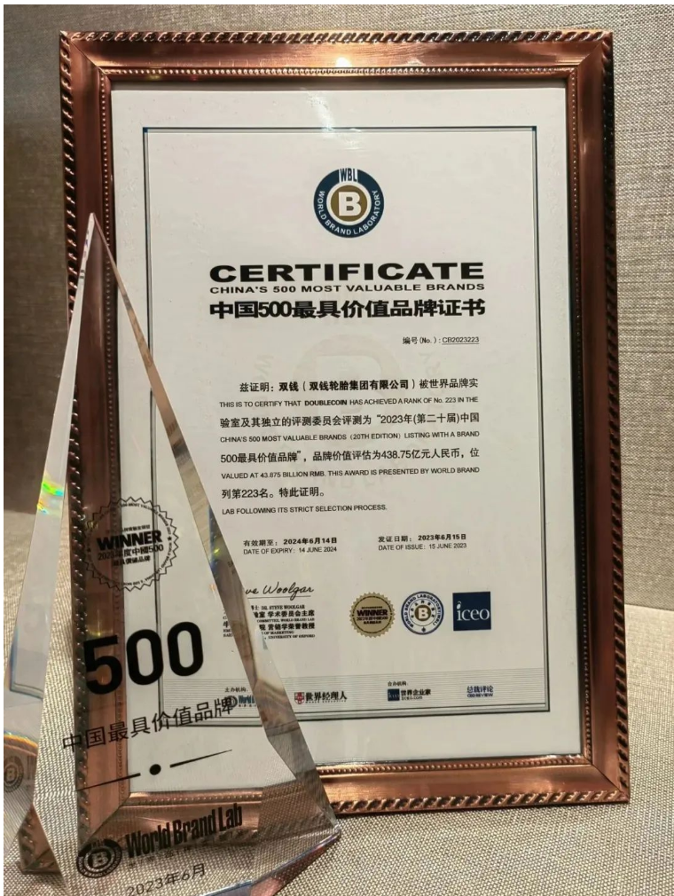 雙錢輪胎以其強大的品牌實力成功入選了“中國500最具價值品牌”排行榜，位列第223位，其品牌價值高達(dá)438億元。