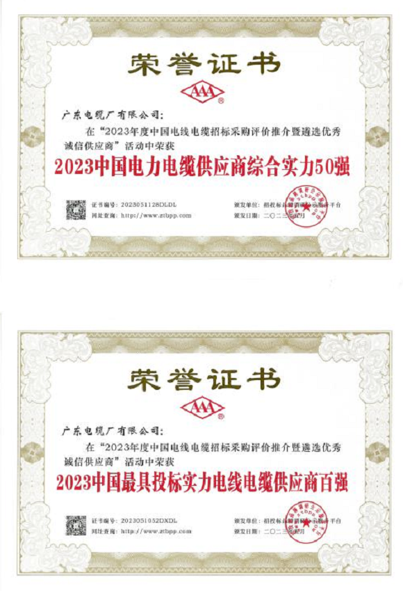 據(jù)了解，憑借卓越的綜合實(shí)力，包括出色的生產(chǎn)能力、技術(shù)創(chuàng)新和產(chǎn)品質(zhì)量，廣東電纜廠有限公司在該活動(dòng)中榮獲“2023中國(guó)電力電纜供應(yīng)商綜合實(shí)力50強(qiáng)”和“2023中國(guó)最具投標(biāo)實(shí)力電線電纜供應(yīng)商百?gòu)?qiáng)”。